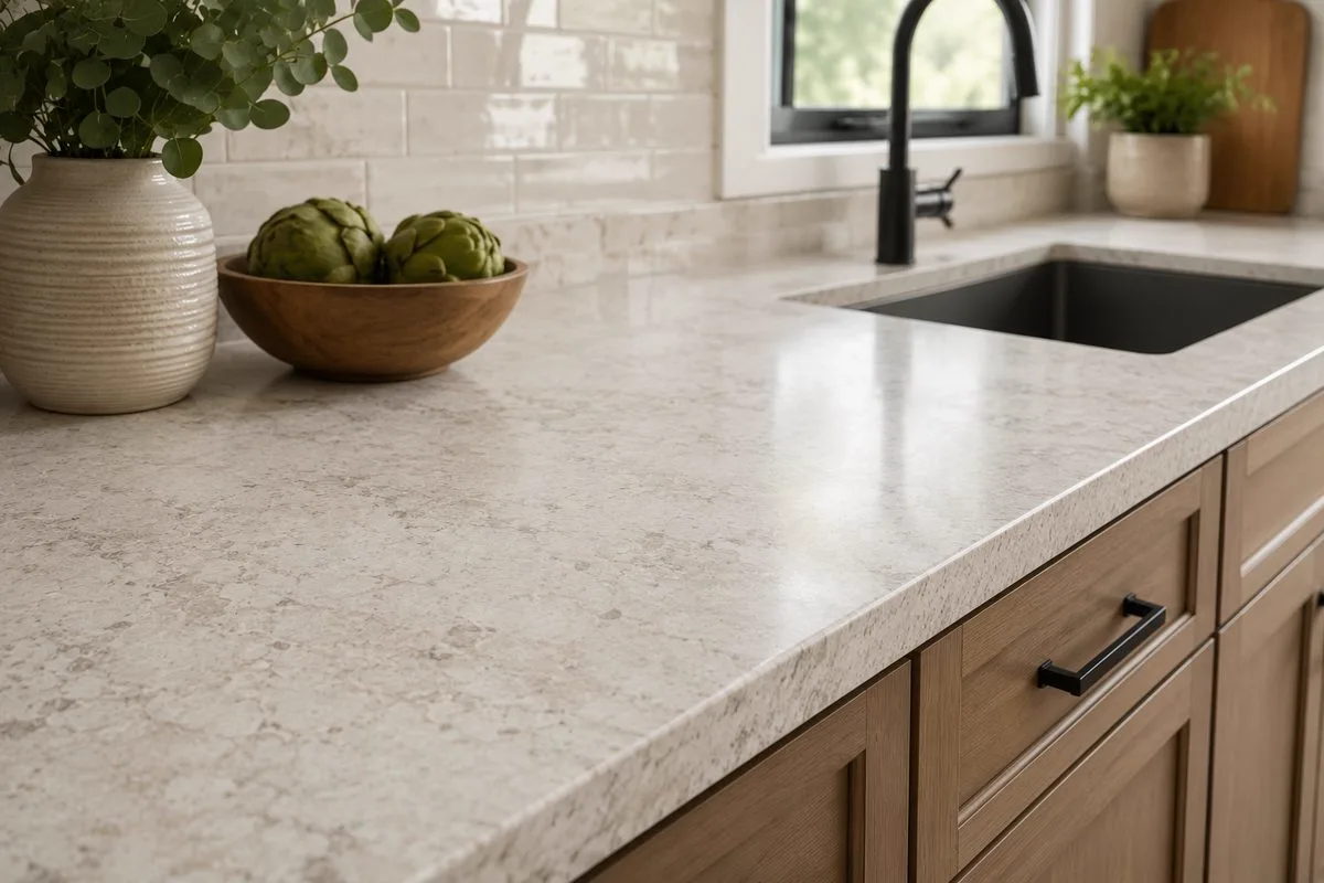 Light grey speckled quartz countertop with a black undermount sink and wood shaker cabinets in an Austin kitchen