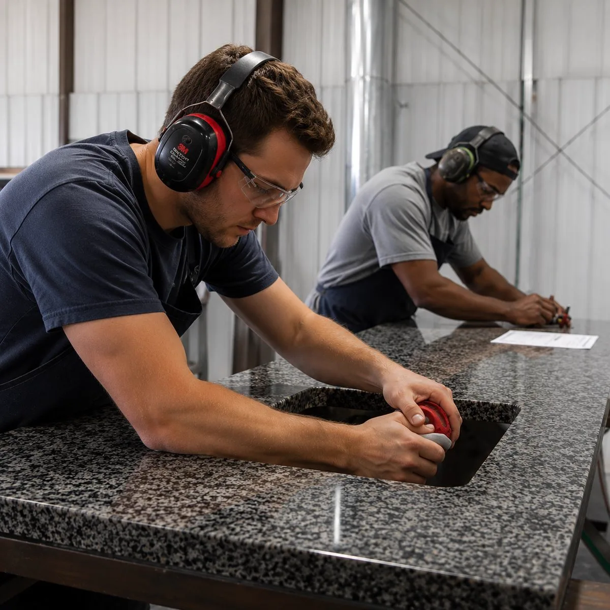 Two fabricators in ear defenders polishing a sink cutout in a dark speckled granite countertop in an Austin shop