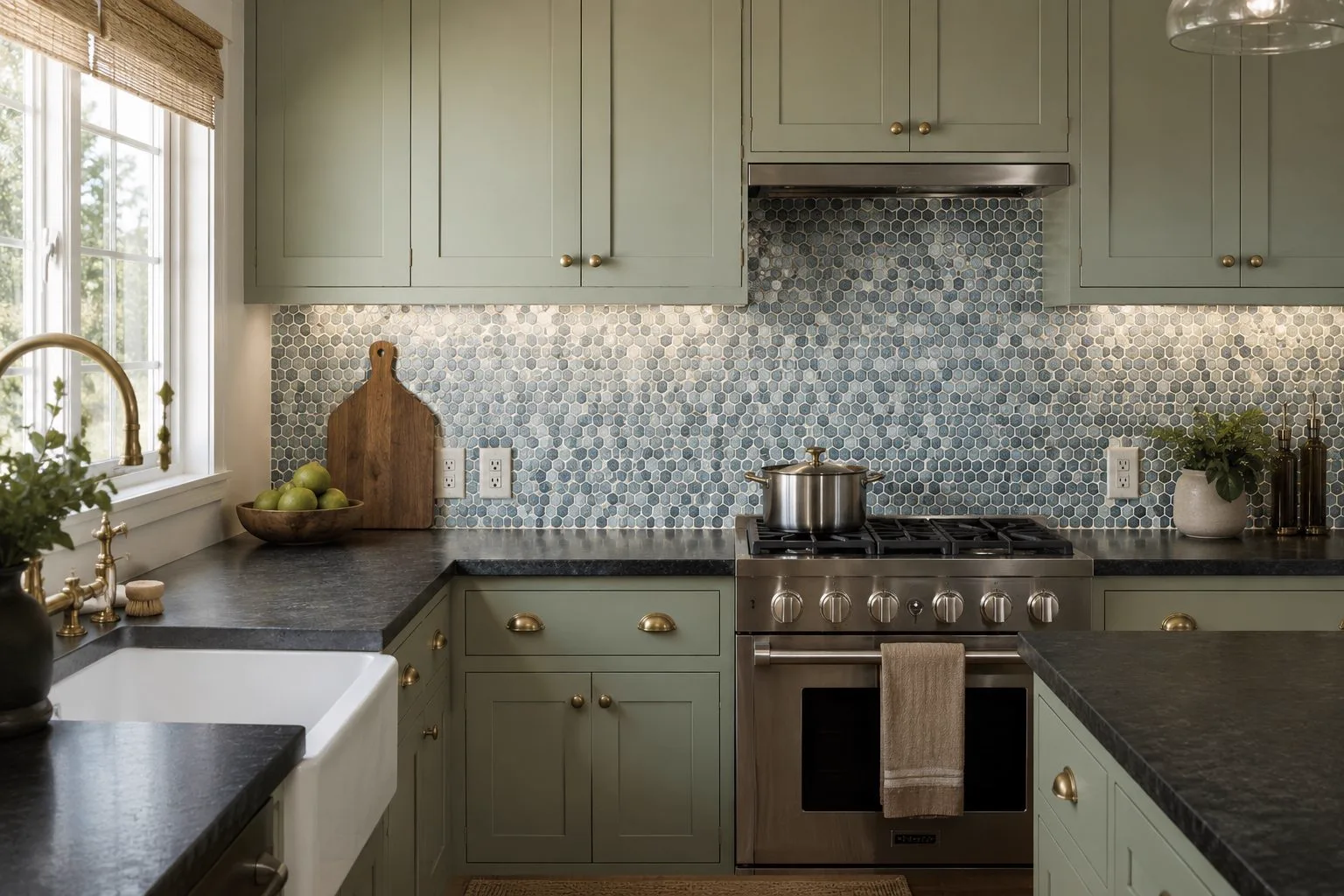 Blue-grey glass hexagon mosaic backsplash behind a stainless range with sage cabinets in an Austin kitchen