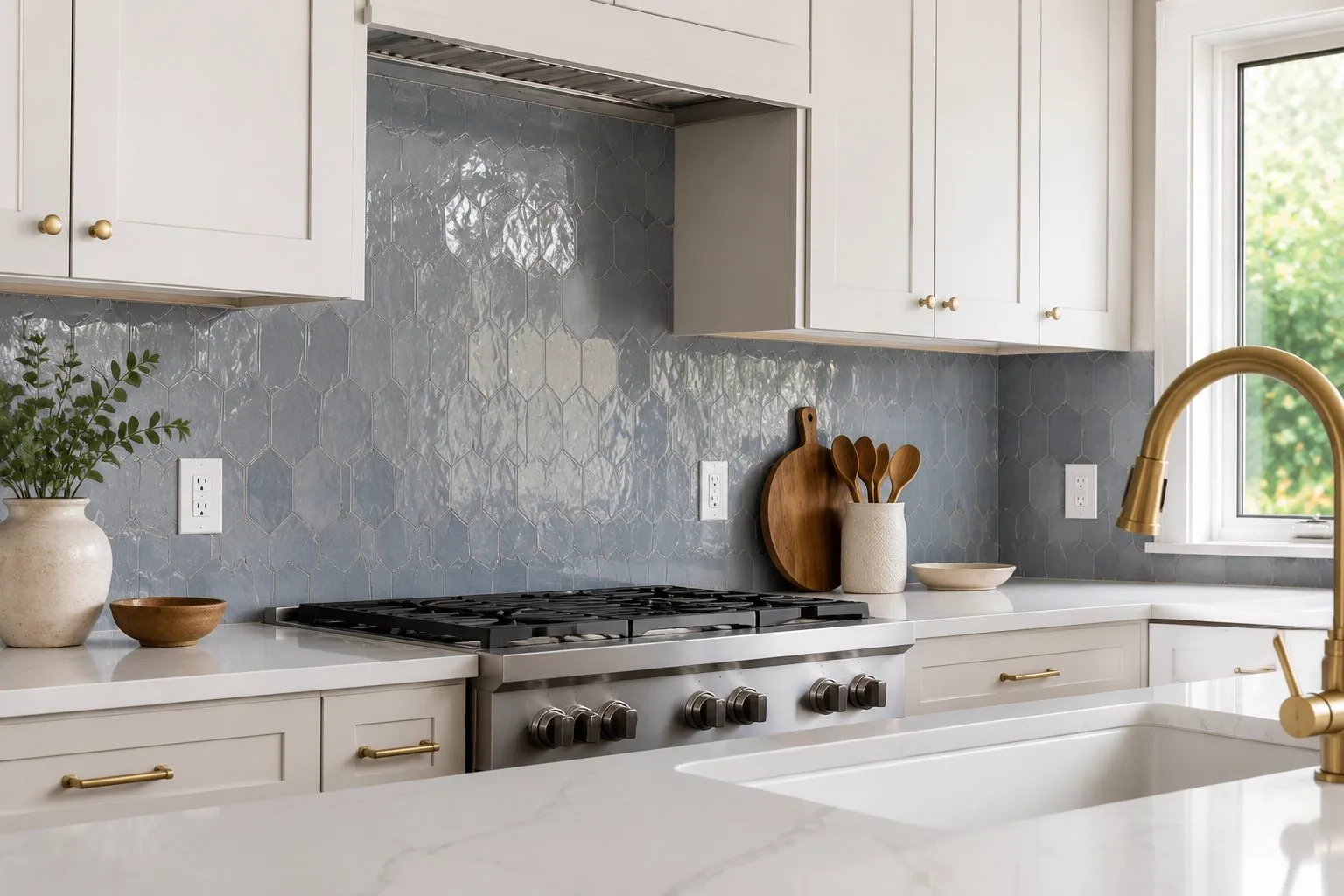 Glossy blue-grey hexagon tile backsplash behind a gas range above white marble-look countertops in an Austin kitchen