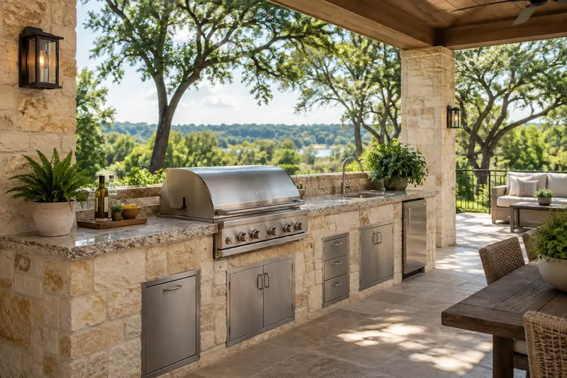 Covered outdoor kitchen in Texas limestone with a speckled granite counter, a built-in grill and live oaks beyond