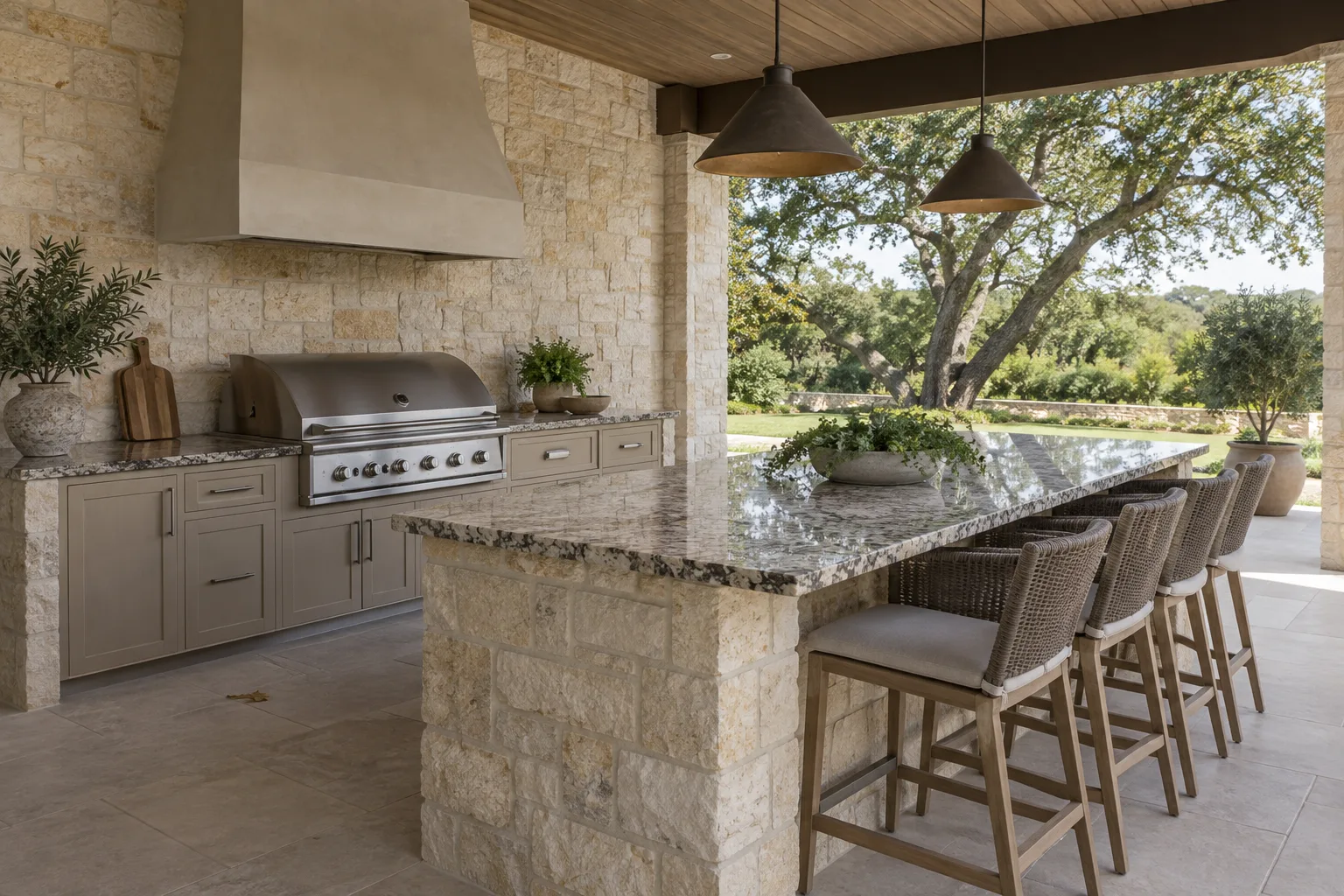 Covered outdoor kitchen in Texas limestone with a speckled granite bar top, a built-in grill and live oaks beyond